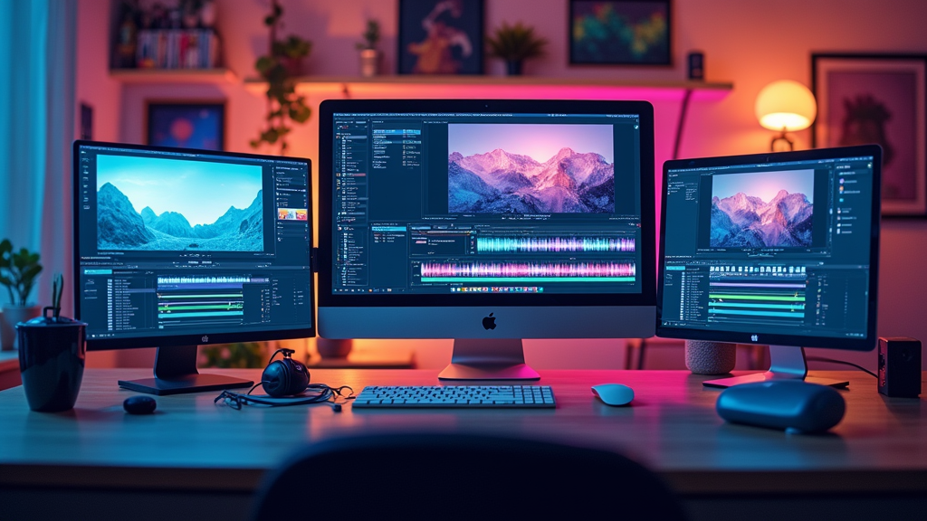A modern digital workspace with various content creation tools and a computer screen displaying AI-generated avatars.