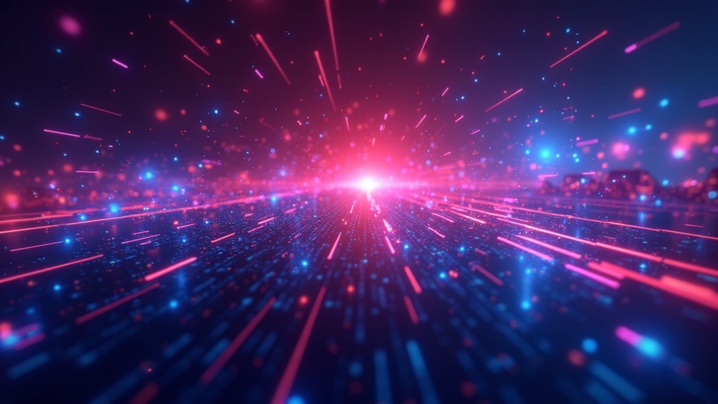 Abstract futuristic scene showing digital avatars and tech interfaces for text-to-video AI.