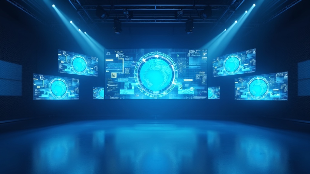 3D rendered studio with virtual interface screens, spotlights, and a sleek modern background for AI video production