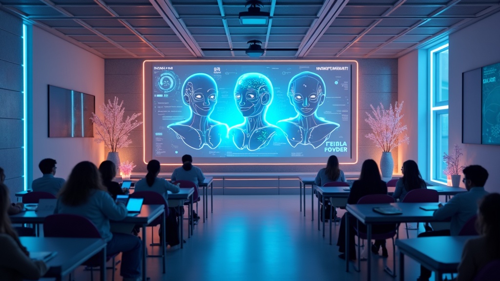 A modern digital interface showing interactive AI avatars in a classroom and memorial setting