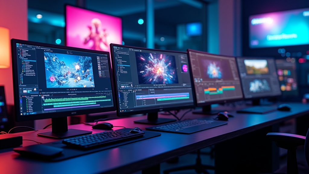 AI automating video production: a workspace filled with multiple monitors showing video timelines, AI icons, and digital animation tools
