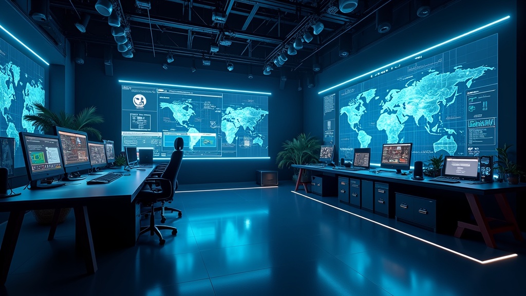 AI-generated studio with virtual equipment and glowing screens. Modern creative workspace with cinematic lighting.